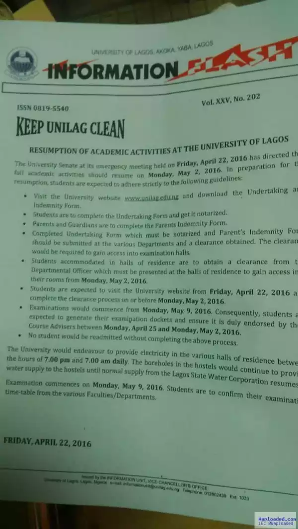 UNILAG Announce Resumption Date After Weeks Of Strike